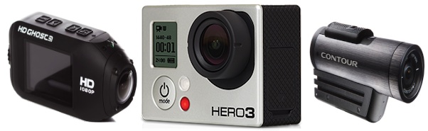 left to right, Drift HD Ghost, GoPro Hero 3 and Contour+2 cameras